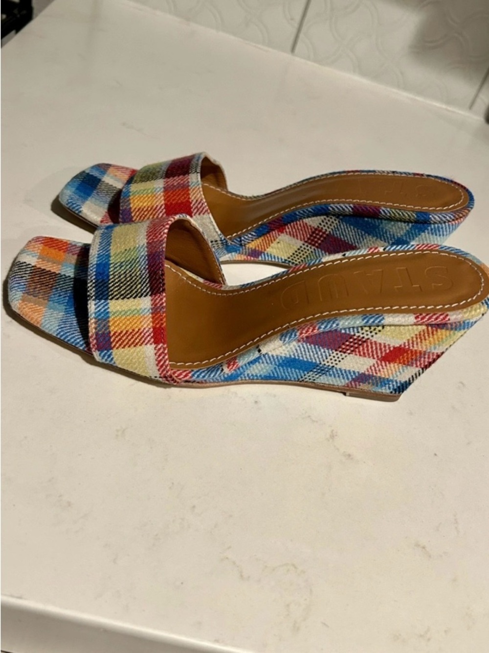 Staud Multi-Color Plaid Billie Wedge Sandal-Size 37-NEVER WORN